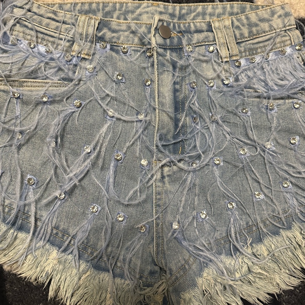 Mini Denim Shorts (With Feathers / Diamonds) Size:Large